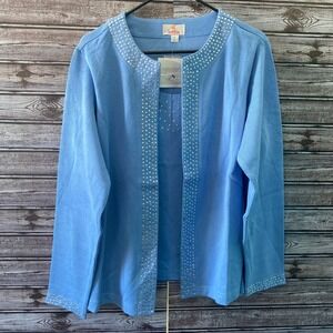 Quacker Factory Women's Sweater Size L Blue Embellished‎ Layered Open-Front NWT